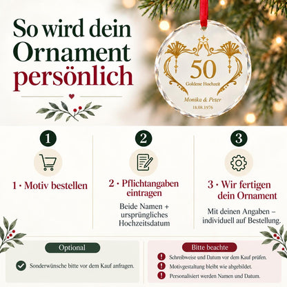 Goldene Hochzeit Glasornament personalisiert mit Namen und Datum – Geschenk zum 50. Hochzeitstag für Eltern und Großeltern, Art-Déco-Deko