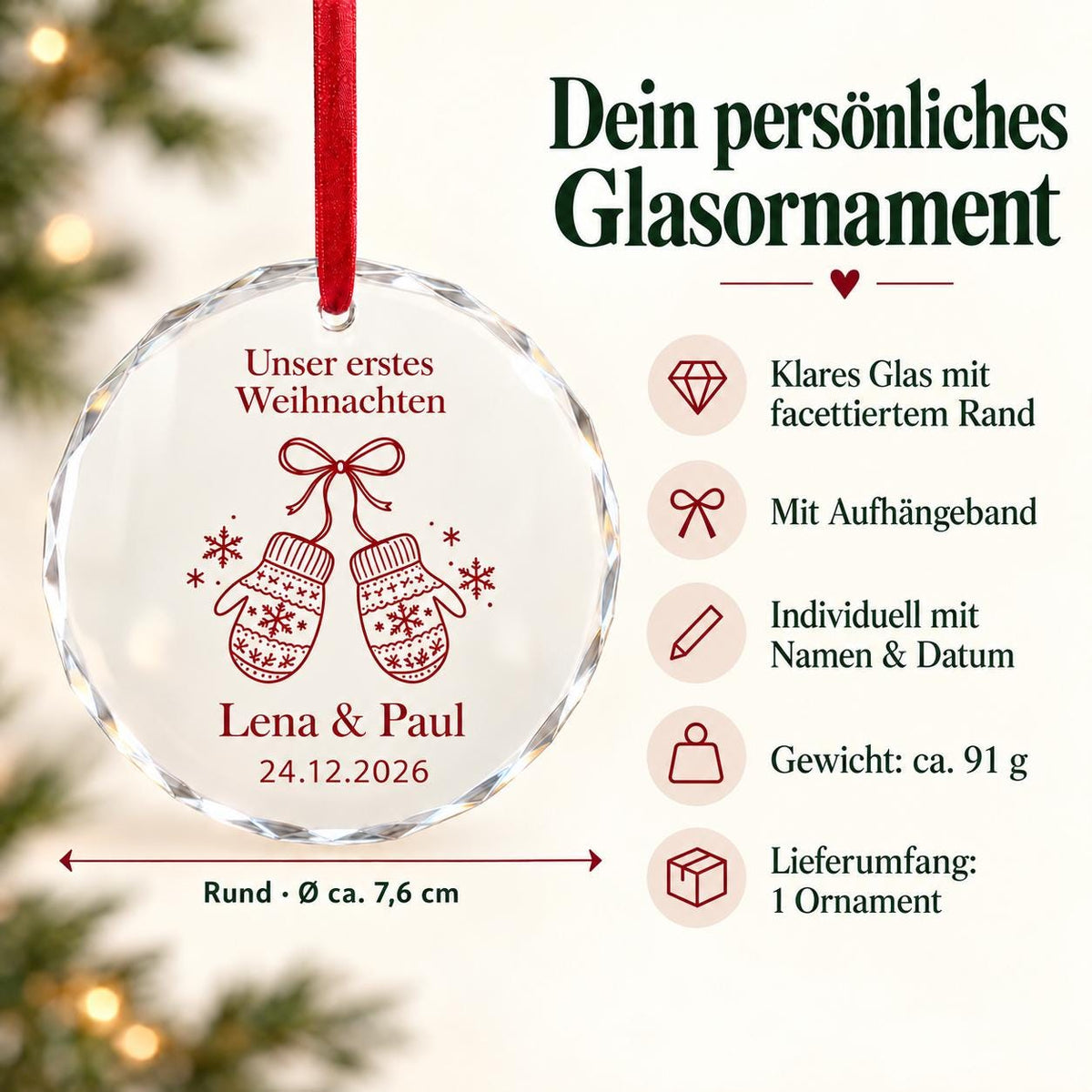 Erstes Weihnachten Glasornament personalisiert mit Namen und Datum – Handschuh-Motiv, Geschenk für Paare, Ehepaar und frisch Verliebte