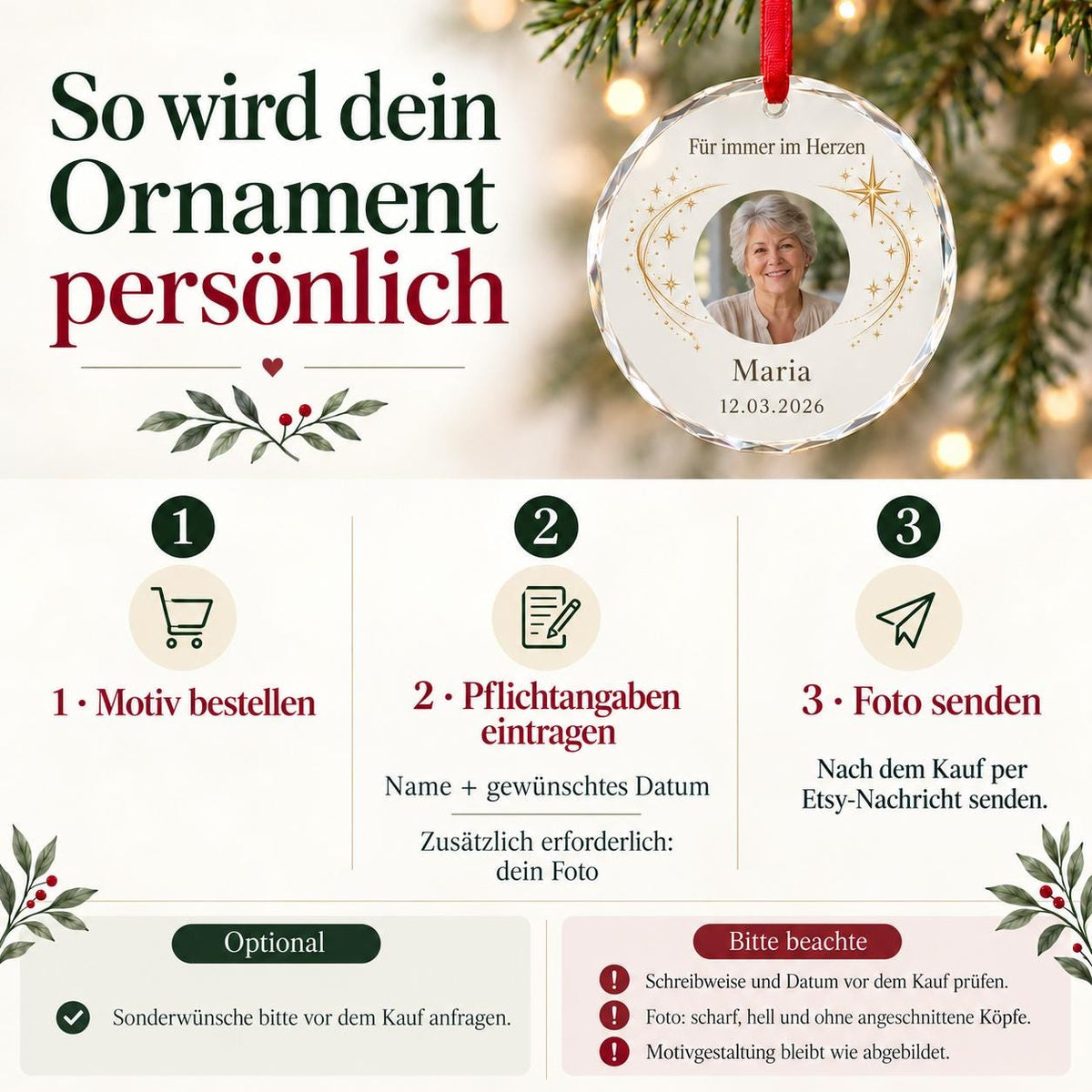 Erinnerung Glasornament personalisiert mit Foto, Name und Datum – Gedenkgeschenk für Angehörige, Trauergeschenk, Andenken an Verstorbene