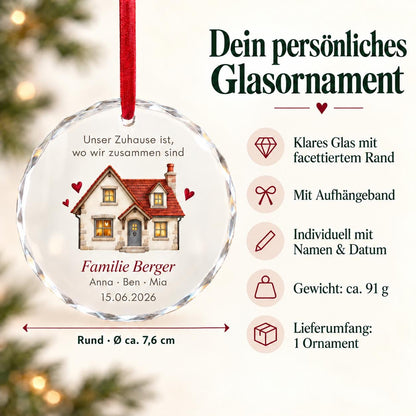 Familie Glasornament personalisiert mit Familienname und Datum – Haus-Motiv, Geschenk zum Einzug für Eltern, neues Zuhause, Weihnachten