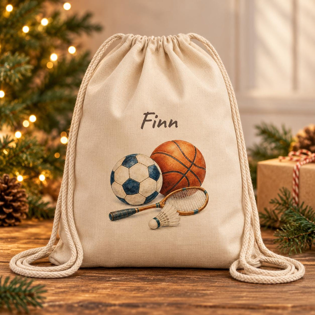 Schulsport Turnbeutel personalisiert mit Namen, Fußball Basketball Badminton, Geschenk für Schulkinder Jungen Mädchen Weihnachten Geburtstag