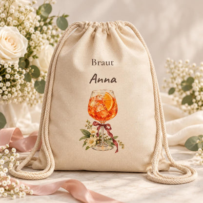 Braut Turnbeutel personalisiert mit Namen Spritz Cocktail Blumen Schleife, JGA Geschenk Hochzeit Brautparty Freundin Verlobung Getting Ready