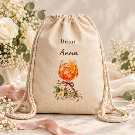 Braut Turnbeutel personalisiert mit Namen Spritz Cocktail Blumen Schleife, JGA Geschenk Hochzeit Brautparty Freundin Verlobung Getting Ready