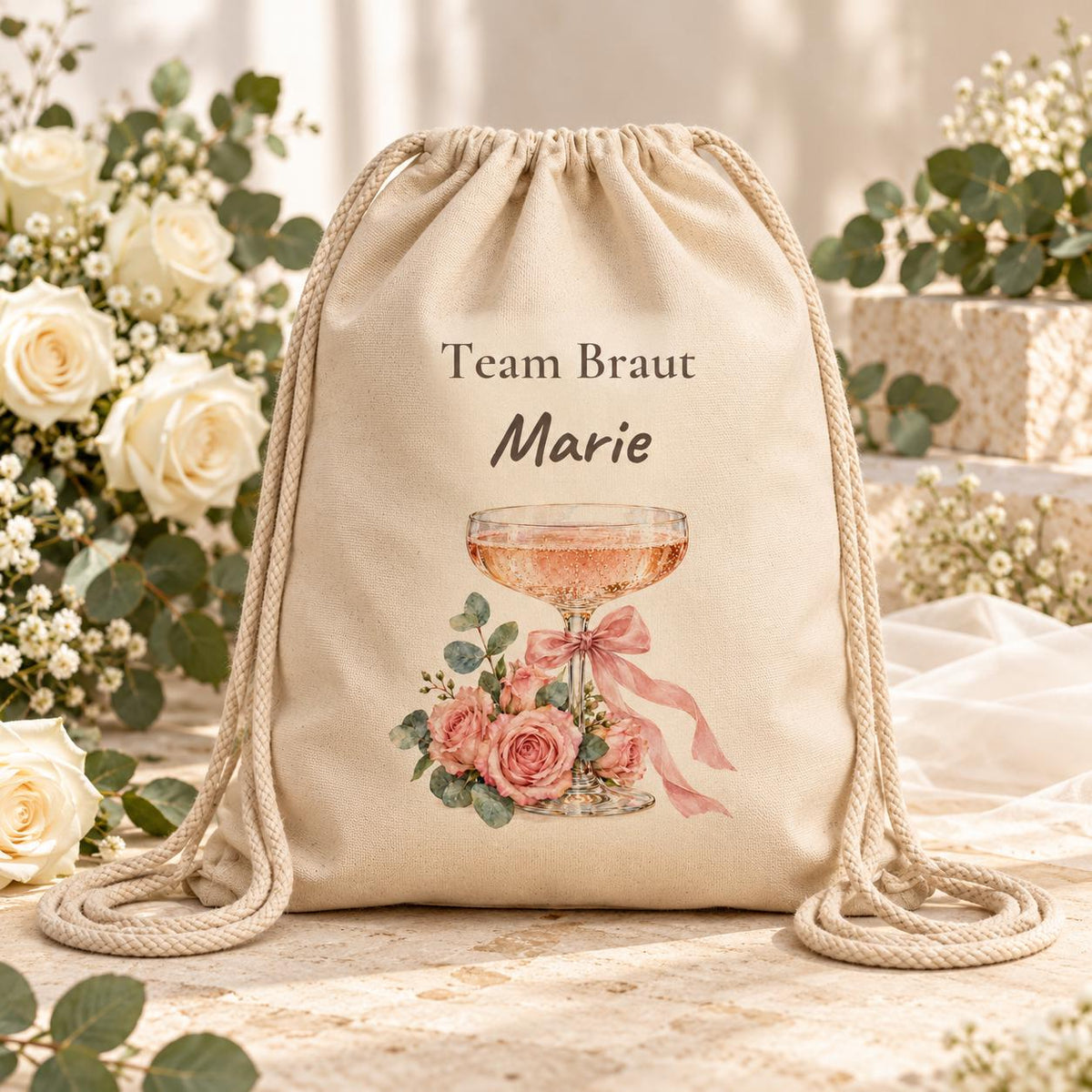 Team Braut Turnbeutel personalisiert mit Name Champagner Rosen Schleife JGA Geschenk Brautjungfer Freundin Hochzeit Brautparty Getting Ready