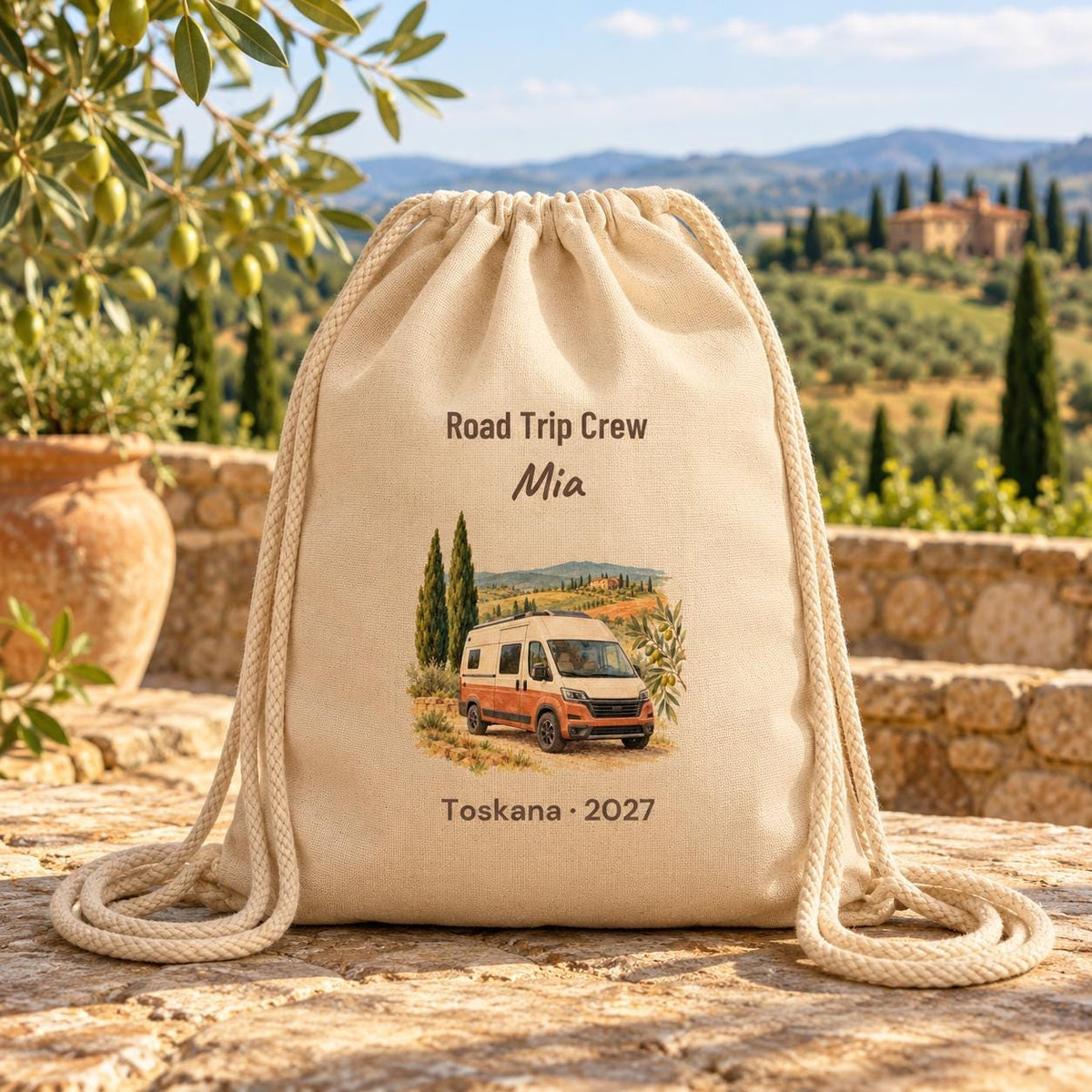 Road Trip Turnbeutel personalisiert mit Namen Ort und Jahr, Camper Toskana Vanlife, Geschenk Camping Freunde Reisegruppe Italien Urlaub Tour