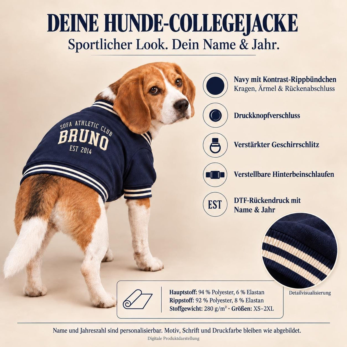 Personalisierte Collegejacke für Hunde mit Name und Jahr – Sofa Athletic Club – Navy Hundejacke – Geschenk für Hundemama und Hundepapa