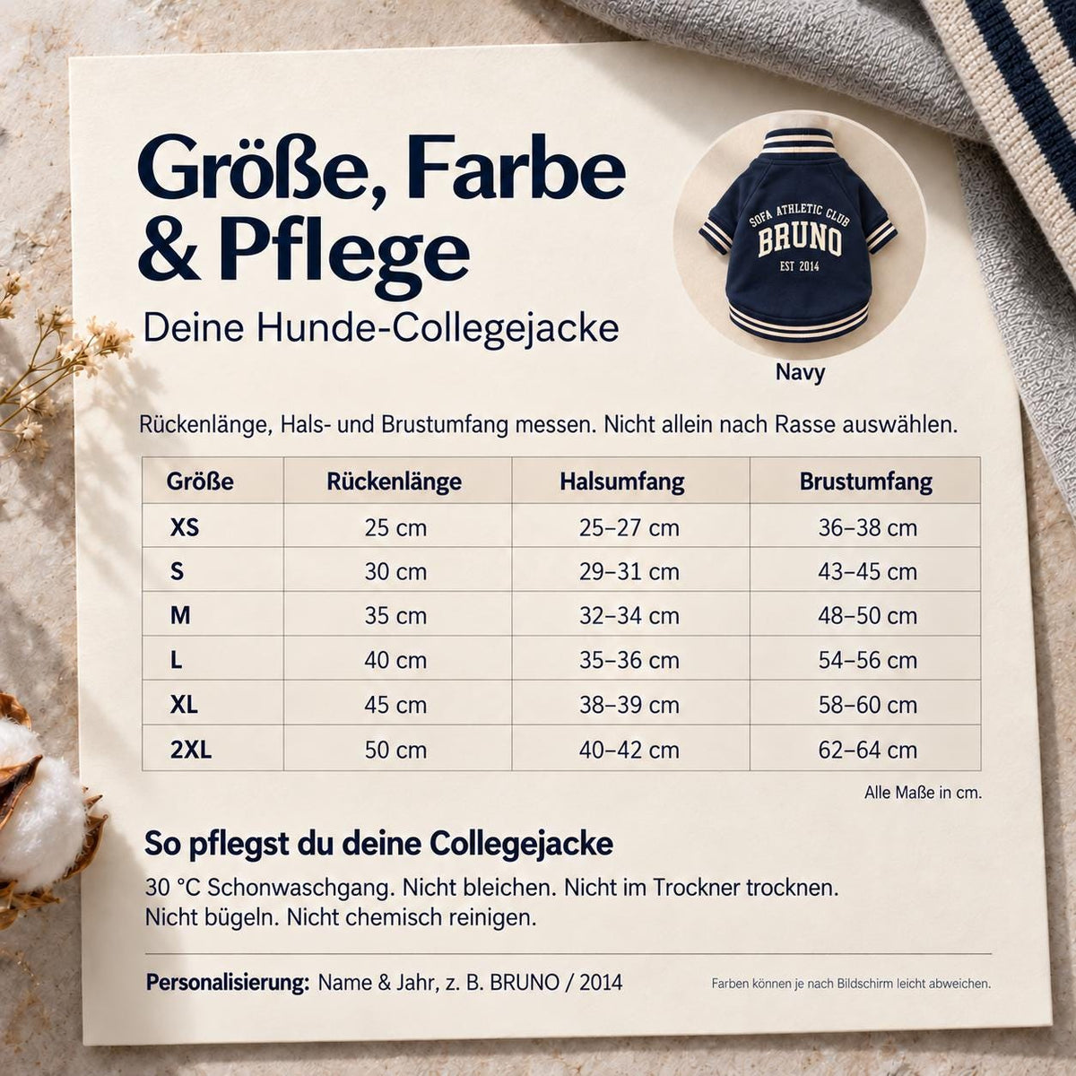 Personalisierte Collegejacke für Hunde mit Name und Jahr – Sofa Athletic Club – Navy Hundejacke – Geschenk für Hundemama und Hundepapa