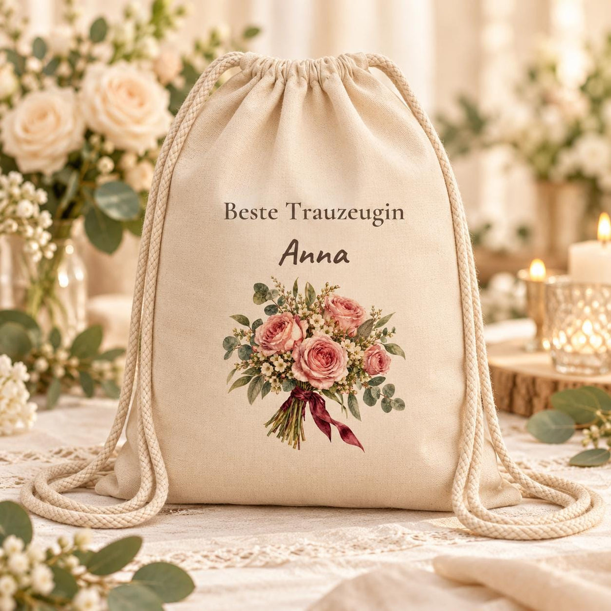 Beste Trauzeugin Turnbeutel personalisiert mit Namen, Rosen Blumen Aquarell, Geschenk Hochzeit JGA Dankeschön beste Freundin Brautteam Boho