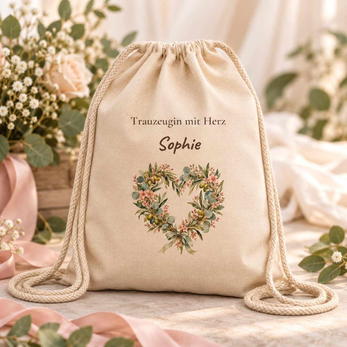 Trauzeugin mit Herz Turnbeutel personalisiert mit Namen Blumenherz Aquarell, Hochzeit JGA Geschenk beste Freundin Dankeschön Brautteam Boho