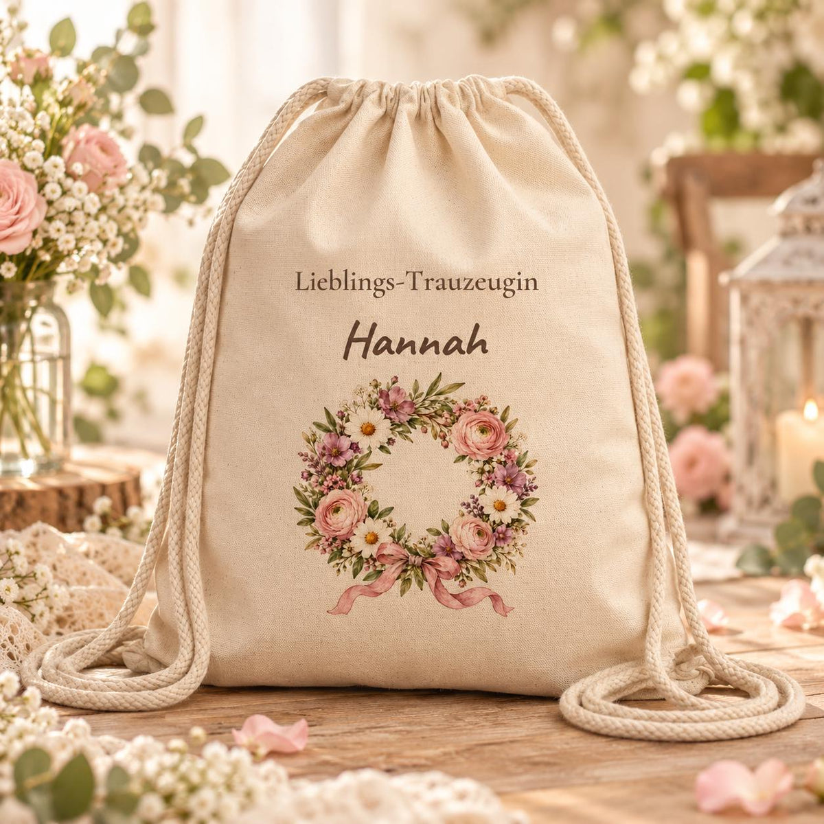 Lieblings-Trauzeugin Turnbeutel personalisiert mit Namen Blumenkranz Aquarell Hochzeit JGA Geschenk Freundin Dankeschön Brautteam Boho Rosen