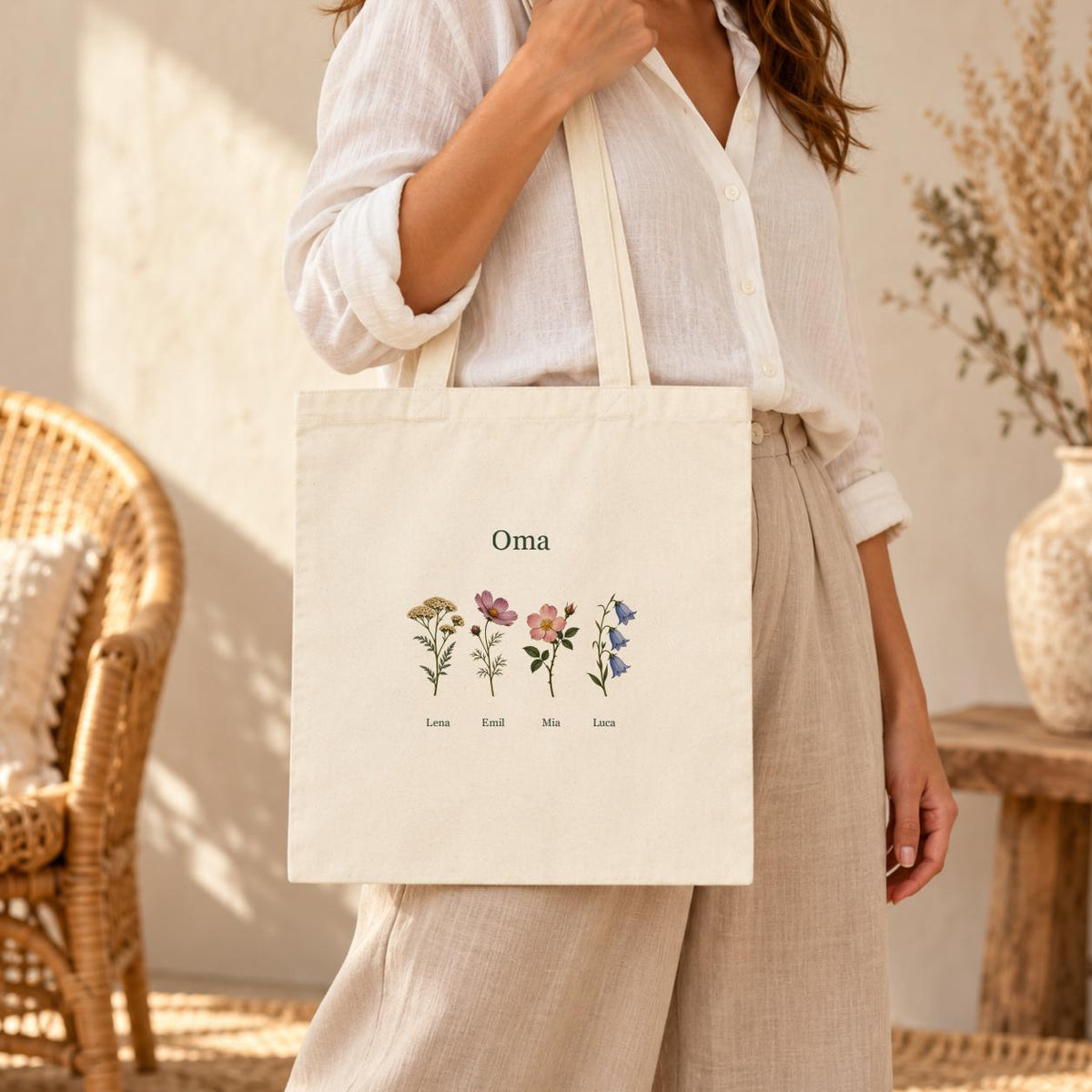 Oma Jutebeutel personalisiert mit Namen, Blumenmotiv Baumwolle | Tragetasche & Einkaufsbeutel | Geschenk Geburtstag Weihnachten Muttertag
