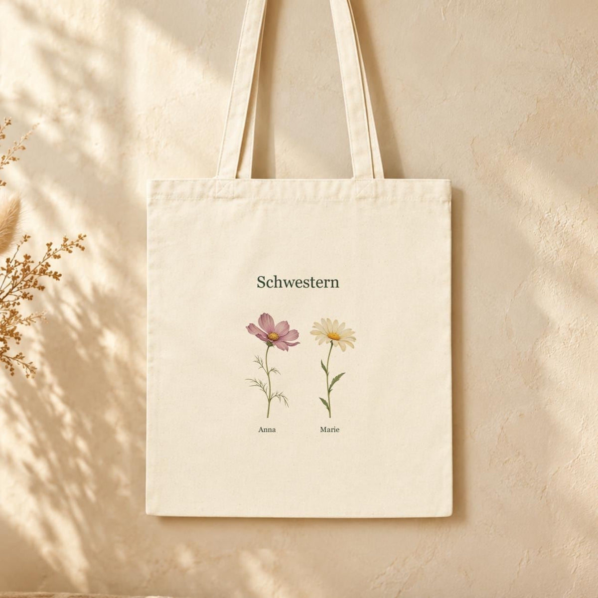 Schwestern Jutebeutel personalisiert mit Namen, Blumenmotiv aus Baumwolle | Einkaufsbeutel & Tragetasche | Geschenk Geburtstag Weihnachten