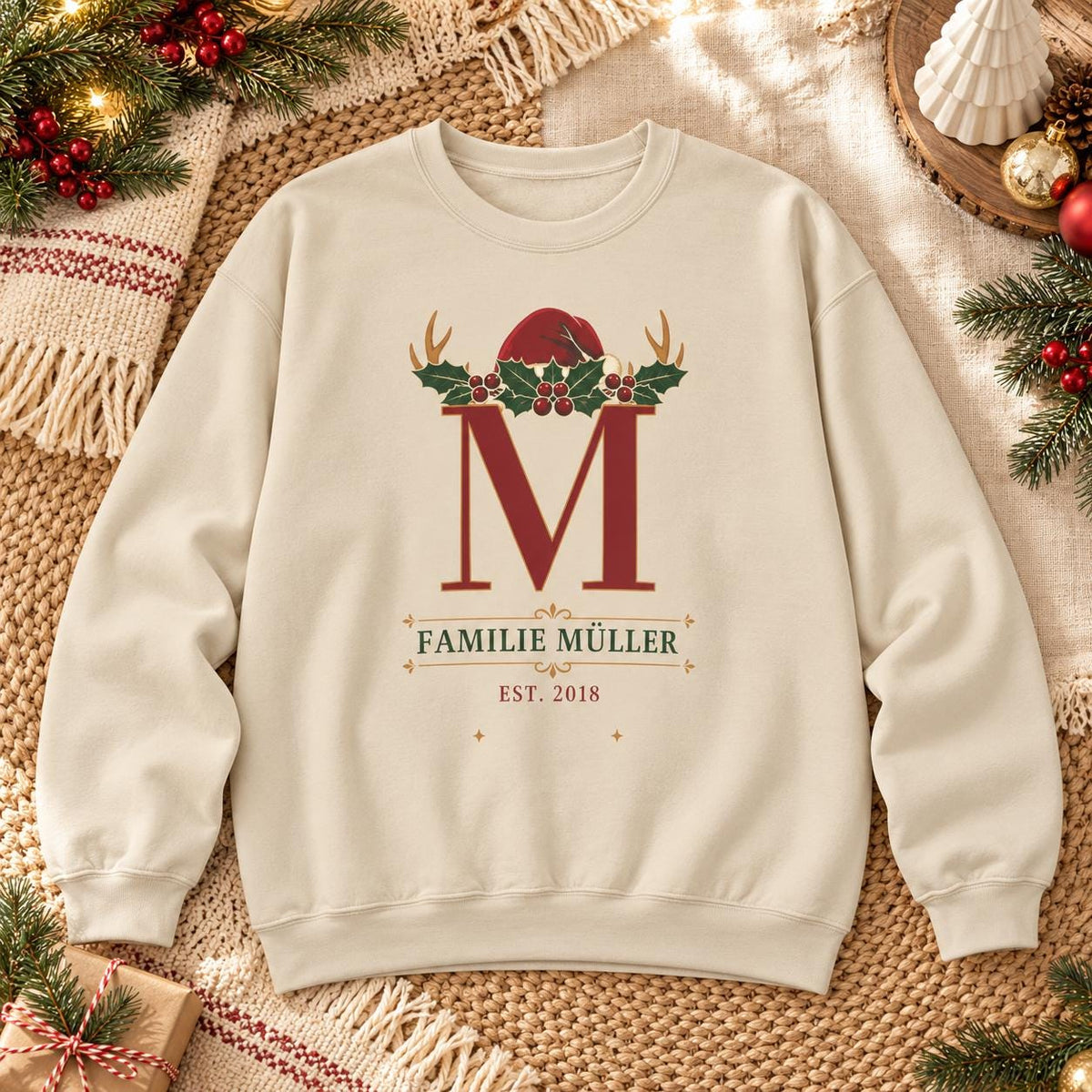 Personalisierter Weihnachtspullover mit Familieninitiale Name und Jahr | Retro Partnerlook Weihnachtsfoto Geschenk Familie Weihnachten Fest