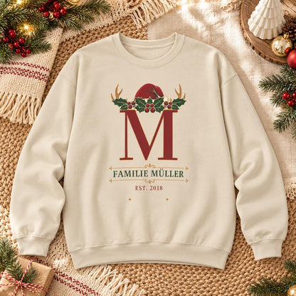 Personalisierter Weihnachtspullover mit Familieninitiale Name und Jahr | Retro Partnerlook Weihnachtsfoto Geschenk Familie Weihnachten Fest