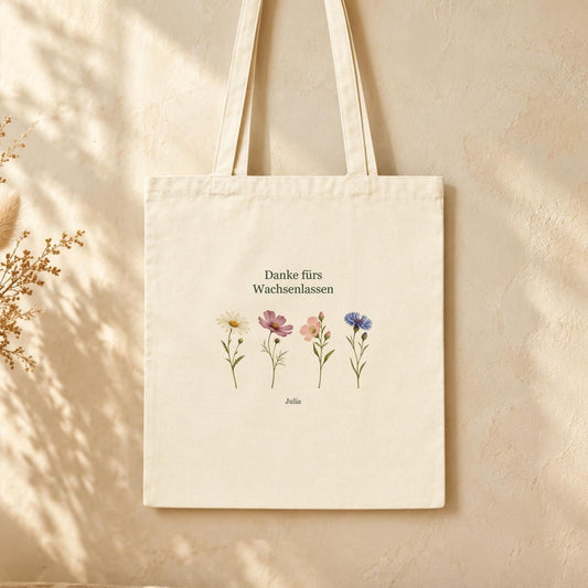 Erzieherin Jutebeutel personalisiert mit Namen, Blumenmotiv aus Baumwolle | Einkaufsbeutel & Tragetasche | Geschenk Abschied Weihnachten