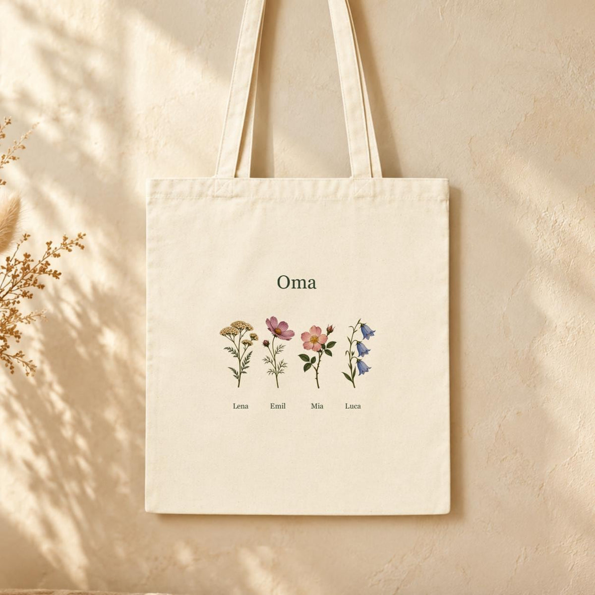 Oma Jutebeutel personalisiert mit Namen, Blumenmotiv Baumwolle | Tragetasche & Einkaufsbeutel | Geschenk Geburtstag Weihnachten Muttertag