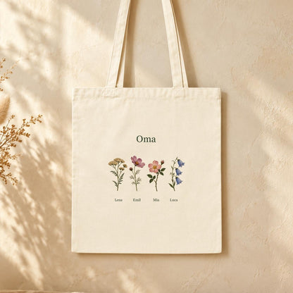 Oma Jutebeutel personalisiert mit Namen, Blumenmotiv Baumwolle | Tragetasche & Einkaufsbeutel | Geschenk Geburtstag Weihnachten Muttertag