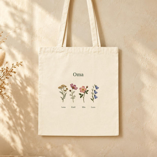 Oma Jutebeutel personalisiert mit Namen, Blumenmotiv Baumwolle | Tragetasche & Einkaufsbeutel | Geschenk Geburtstag Weihnachten Muttertag