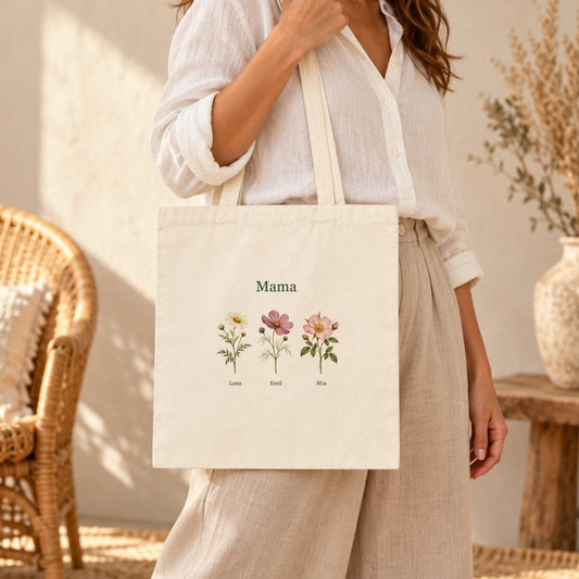 Mama Jutebeutel personalisiert mit Namen, Blumenmotiv Baumwolle | Tragetasche / Einkaufsbeutel | Geschenk Muttertag Geburtstag Weihnachten
