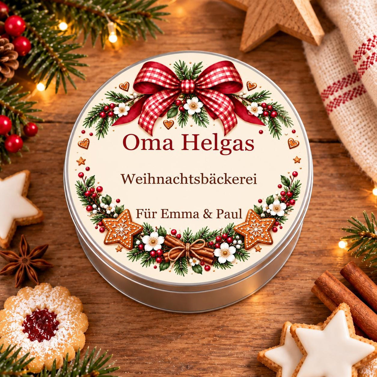 Weihnachtsbäckerei für Oma personalisiert – Keksdose mit Namen von Oma und Enkeln, rundes Weihnachtsgeschenk Geldgeschenk Nikolaus
