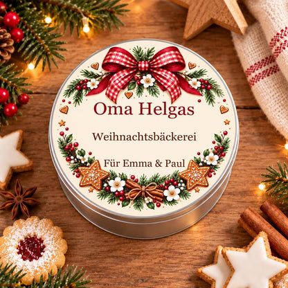 Weihnachtsbäckerei für Oma personalisiert – Keksdose mit Namen von Oma und Enkeln, rundes Weihnachtsgeschenk Geldgeschenk Nikolaus