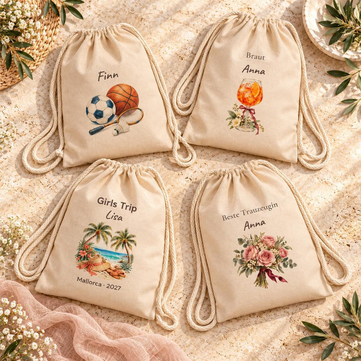 Lieblings-Trauzeugin Turnbeutel personalisiert mit Namen Blumenkranz Aquarell Hochzeit JGA Geschenk Freundin Dankeschön Brautteam Boho Rosen