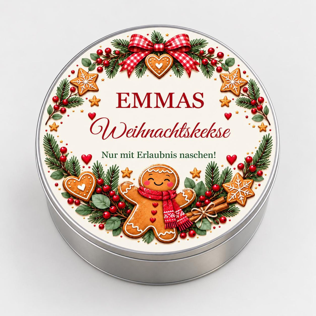 Weihnachtskekse für Kinder personalisiert – Runde Keksdose mit Namen, Lebkuchenmann Motiv als Weihnachtsgeschenk Geldgeschenk Nikolaus