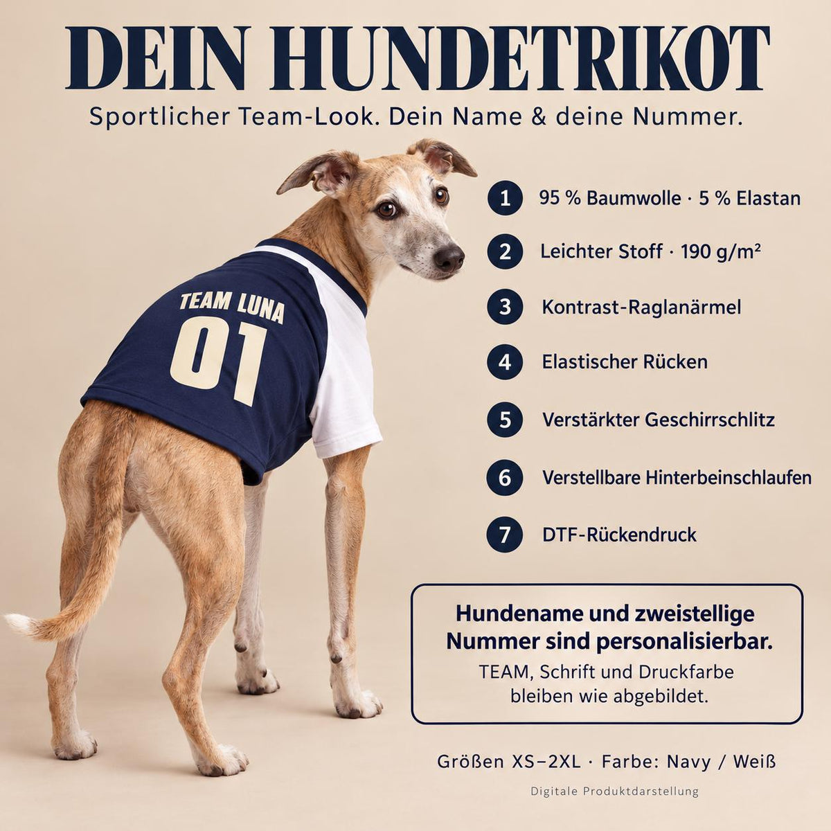 Personalisiertes Hundetrikot mit Name und Nummer – Team Luna – Raglan Hundeshirt Navy Weiß – Geschenk für Hundebesitzer zum Geburtstag