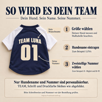 Personalisiertes Hundetrikot mit Name und Nummer – Team Luna – Raglan Hundeshirt Navy Weiß – Geschenk für Hundebesitzer zum Geburtstag