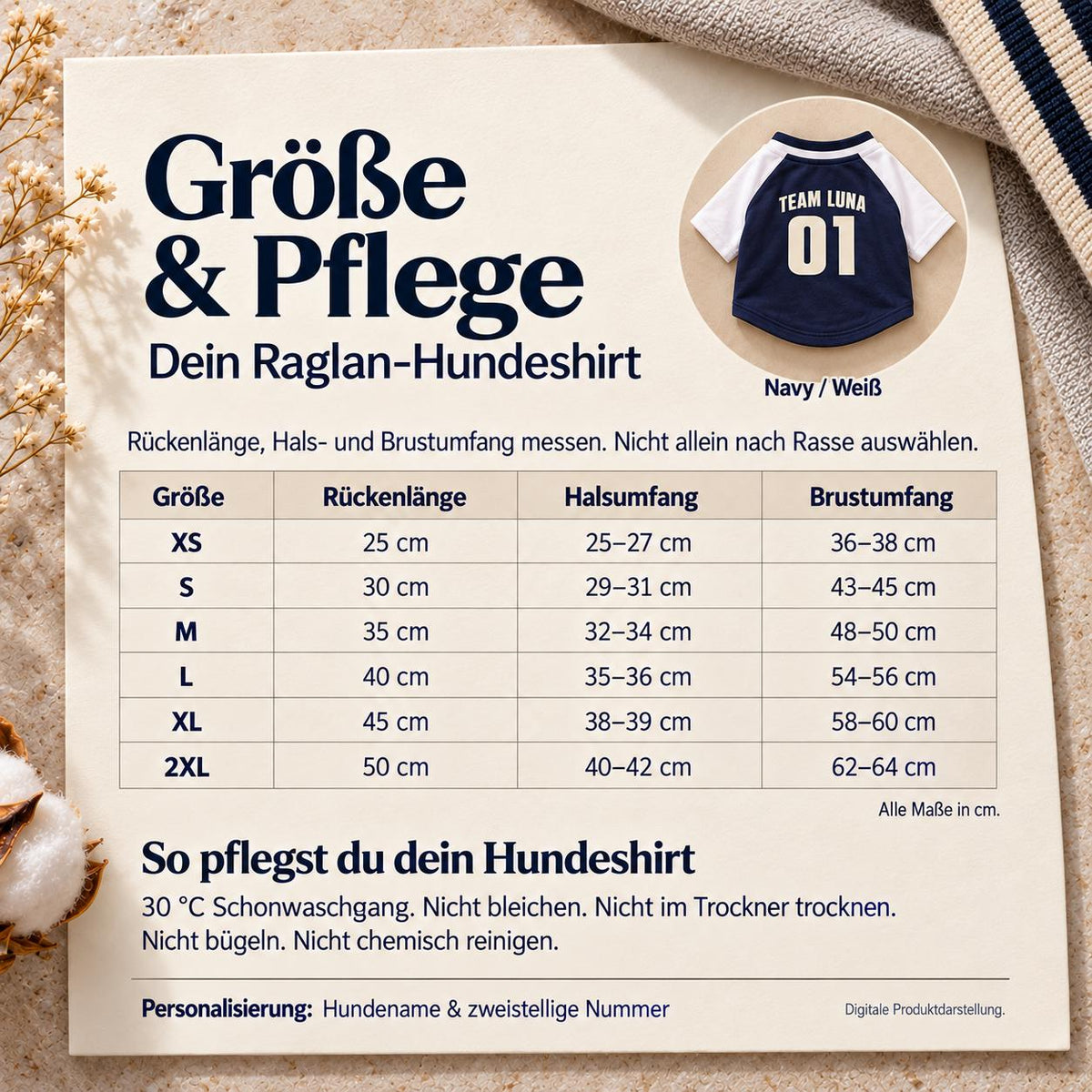 Personalisiertes Hundetrikot mit Name und Nummer – Team Luna – Raglan Hundeshirt Navy Weiß – Geschenk für Hundebesitzer zum Geburtstag