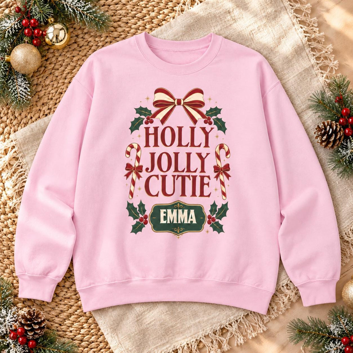 Personalisierter Weihnachtspullover Holly Jolly Cutie mit Name | Retro Familien Partnerlook Advent Weihnachtsfoto Geschenk Damen Kinder Foto