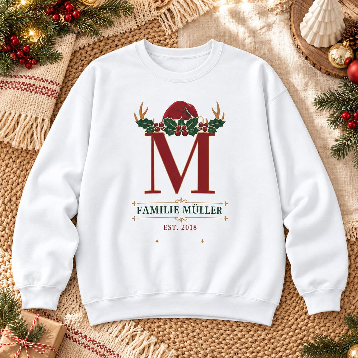 Personalisierter Weihnachtspullover mit Familieninitiale Name und Jahr | Retro Partnerlook Weihnachtsfoto Geschenk Familie Weihnachten Fest