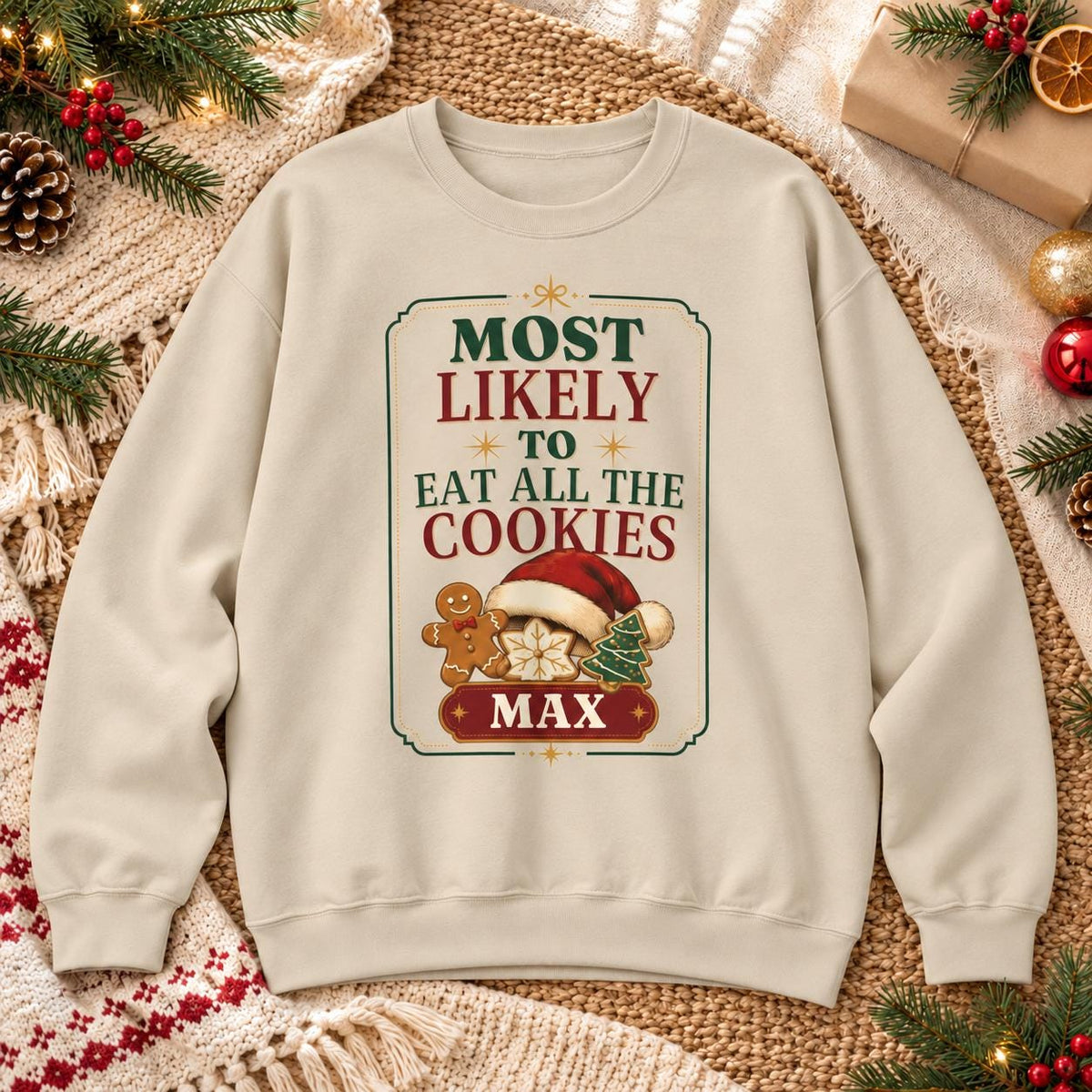 Personalisierter Weihnachtspullover Most Likely To Eat Santa's Cookies mit Name | Lustiger Familien Partnerlook Weihnachtsfoto Geschenk Idee