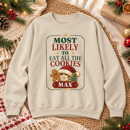 Personalisierter Weihnachtspullover Most Likely To Eat Santa's Cookies mit Name | Lustiger Familien Partnerlook Weihnachtsfoto Geschenk Idee