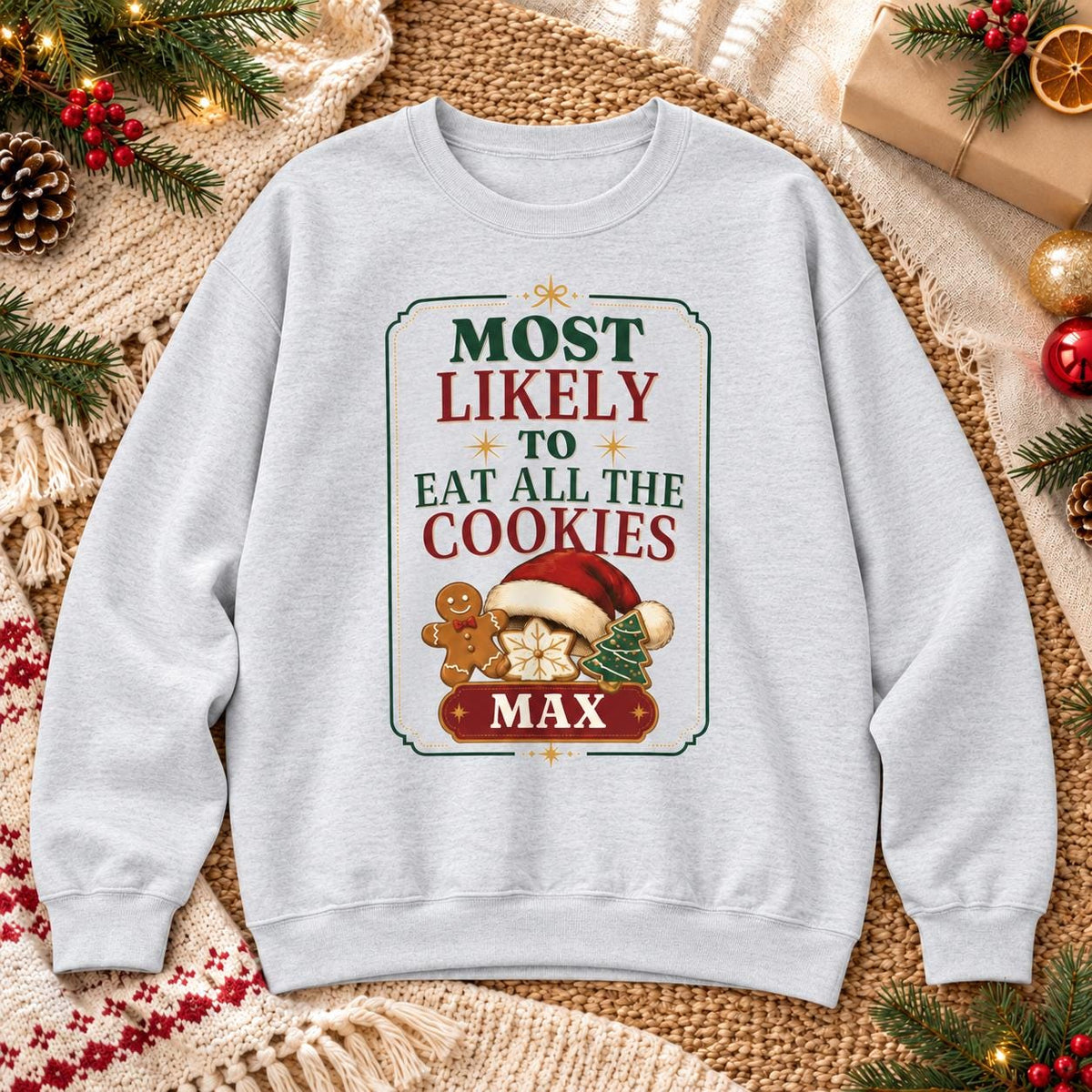 Personalisierter Weihnachtspullover Most Likely To Eat Santa's Cookies mit Name | Lustiger Familien Partnerlook Weihnachtsfoto Geschenk Idee