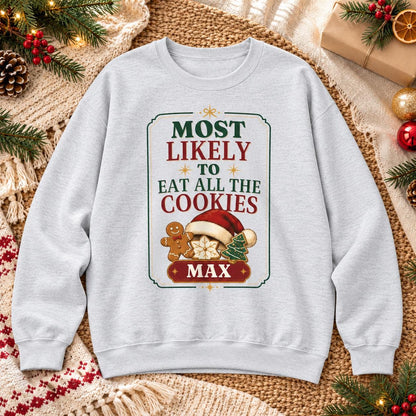 Personalisierter Weihnachtspullover Most Likely To Eat Santa's Cookies mit Name | Lustiger Familien Partnerlook Weihnachtsfoto Geschenk Idee