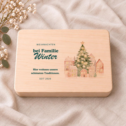Weihnachtskiste Familie personalisiert mit Nachnamen | Holzbox Weihnachtsdorf | Geschenk Eltern Großeltern | Weihnachtserinnerungen Feier
