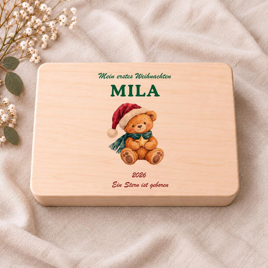 Babys erstes Weihnachten Erinnerungsbox personalisiert | Holzbox Teddy mit Namen und Jahr | Geschenk Enkelkind Patenkind Junge Mädchen