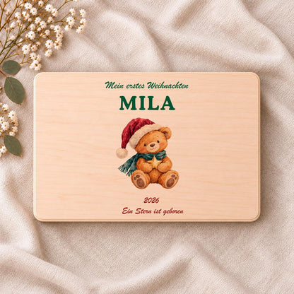 Babys erstes Weihnachten Erinnerungsbox personalisiert | Holzbox Teddy mit Namen und Jahr | Geschenk Enkelkind Patenkind Junge Mädchen