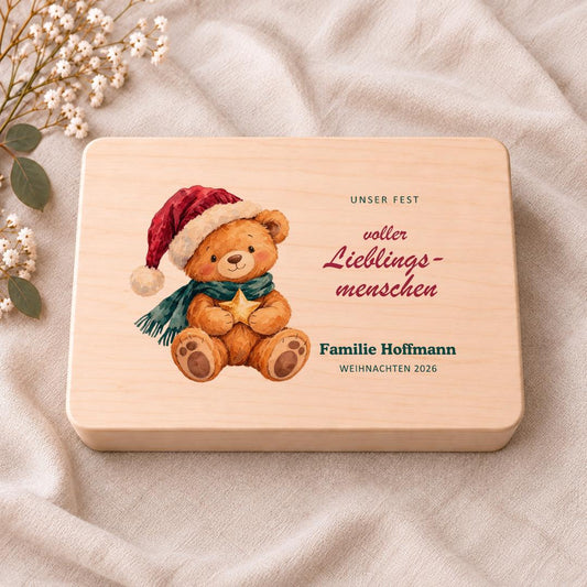 Weihnachtskiste Familie personalisiert mit Nachnamen | Holzbox Aquarell Teddy | Geschenk Eltern Großeltern | Erinnerungen Advent Geburtstag