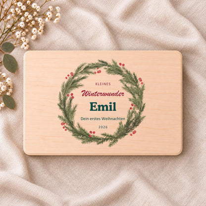 Babys erstes Weihnachten Erinnerungsbox personalisiert Namen | Holzbox Winterkranz | Weihnachtsgeschenk Baby Junge Mädchen Paten Geburtstag