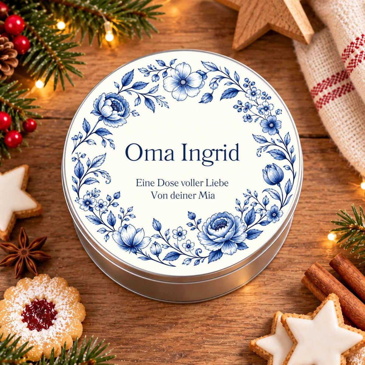 Oma Geschenkdose personalisiert | Gutschein Geschenkverpackung mit Namen | Blauer Blumenkranz | Weihnachten Geburtstag Muttertag