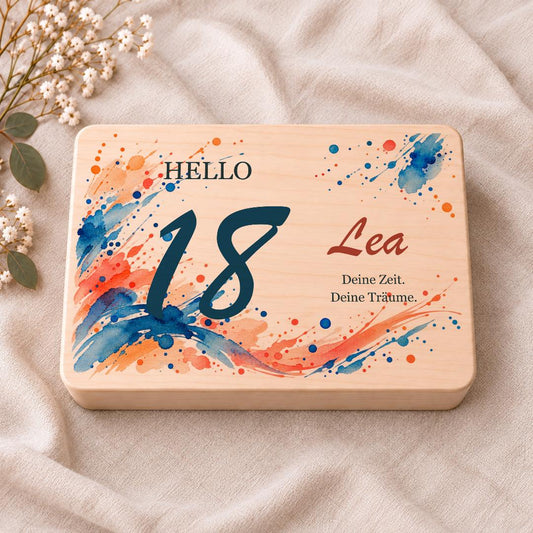 18. Geburtstag Geschenk personalisiert | Erinnerungskiste mit Namen und Alter | Holzbox für Tochter Sohn | Blau Koralle Geldgeschenk