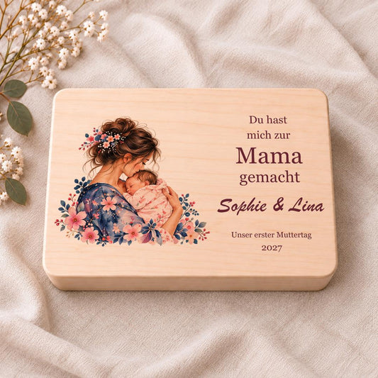 Erster Muttertag Geschenk personalisiert mit Namen | Erinnerungskiste Mama Baby | Holzbox Mutter Kind Aquarell | Geschenk für neue Mama