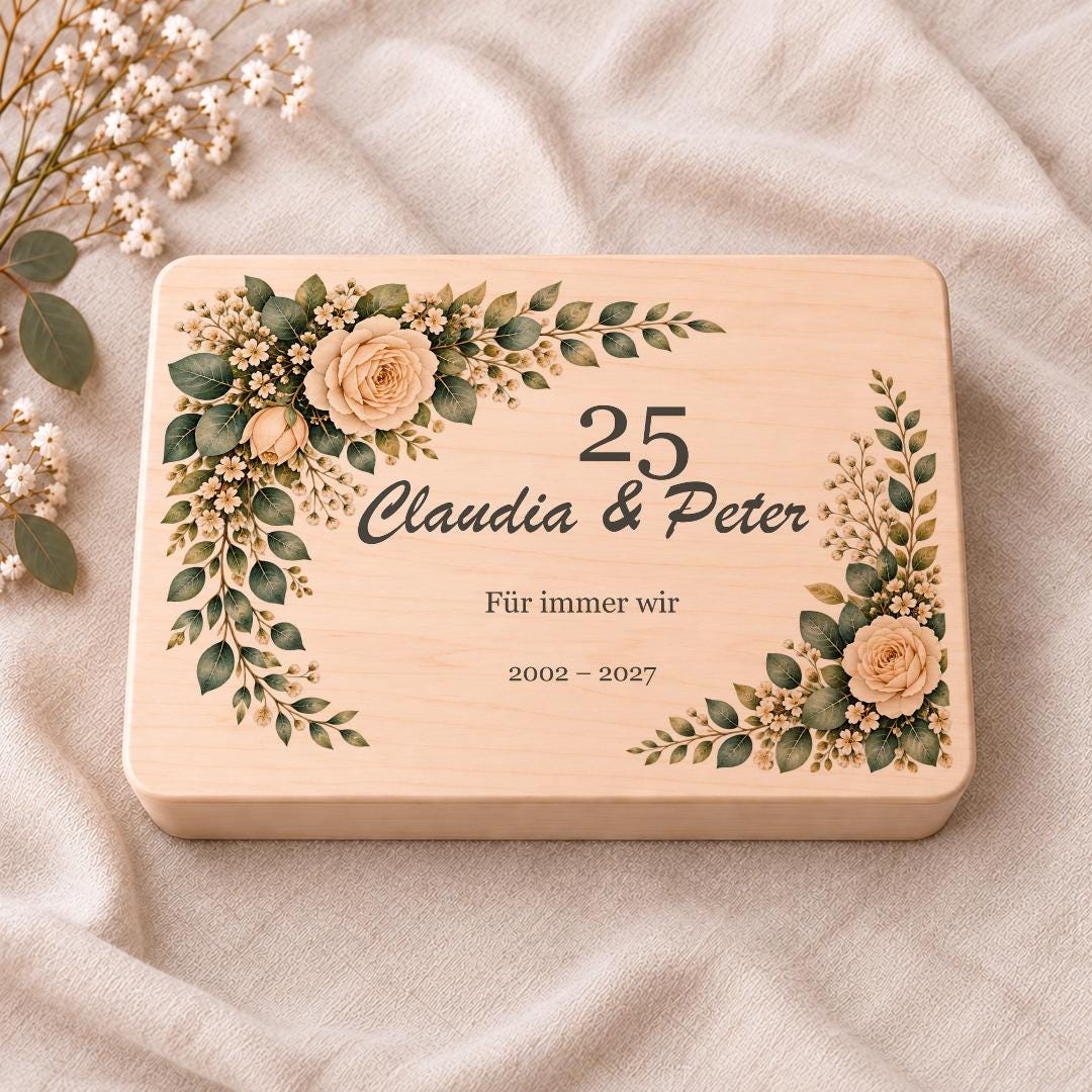 Silberhochzeit Geschenk personalisiert mit Namen | Holzbox Rosen Eukalyptus | Erinnerungskiste 25 Jahre Hochzeit für Eltern Großeltern