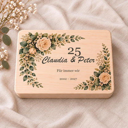 Silberhochzeit Geschenk personalisiert mit Namen | Holzbox Rosen Eukalyptus | Erinnerungskiste 25 Jahre Hochzeit für Eltern Großeltern