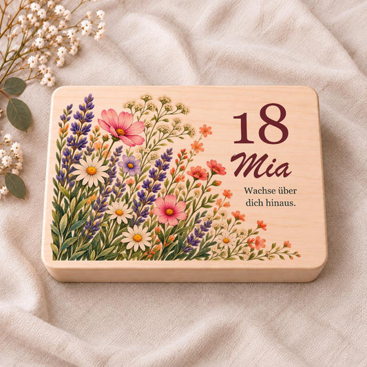 18. Geburtstag Geschenk für Tochter Freundin | Erinnerungskiste personalisiert mit Namen | Holzbox Wildblumen | Geldgeschenk Mädchen