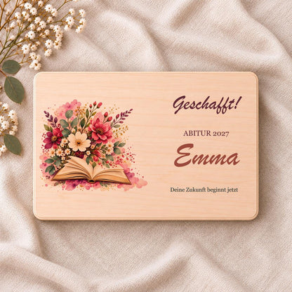 Abitur Geschenk für Tochter personalisiert | Erinnerungskiste mit Namen und Jahr | Holzbox Blumen Bücher | Schulabschluss Geldgeschenk