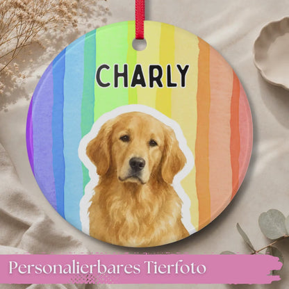 Personalisiertes Haustier Ornament Aquarell Streifen, Keramik Anhänger mit Foto & Name, Geschenk für Tierbesitzer Hundehalter Weihnachten