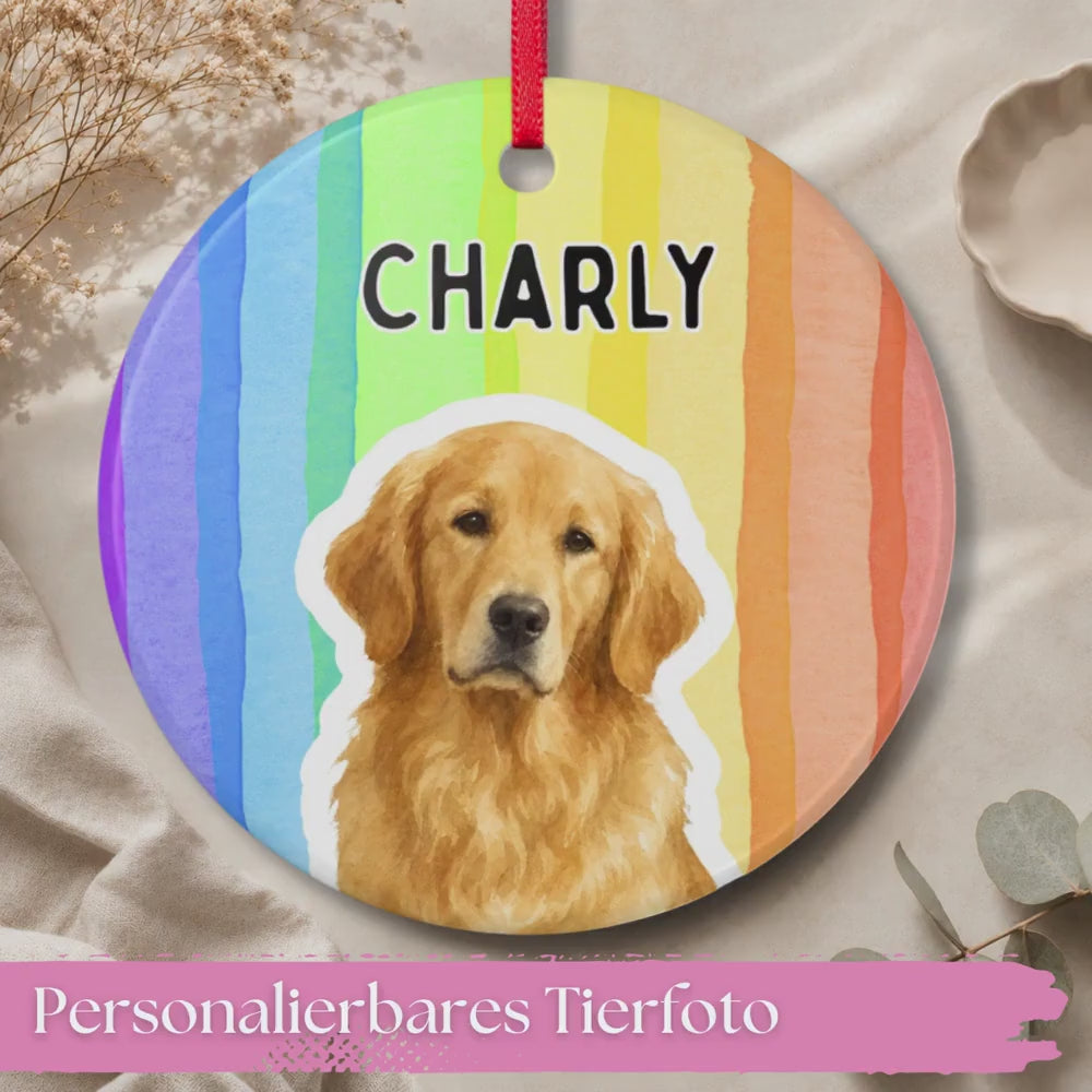 Personalisiertes Haustier Ornament Aquarell Streifen, Keramik Anhänger mit Foto & Name, Geschenk für Tierbesitzer Hundehalter Weihnachten
